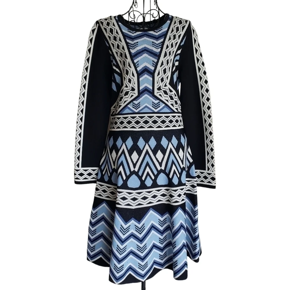 🔥ELIZA J Sweater Dress Fit Flare Long Sleeve Geometric Knee Length, Size PM - Picture 4 of 8